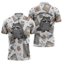 I Require Snacks Raccoon Zipper Polo Shirt Cute Bandit Raccoon Chaos with a Knife