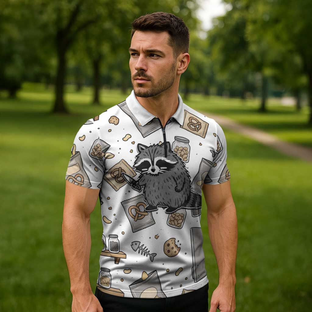 I Require Snacks Raccoon Zipper Polo Shirt Cute Bandit Raccoon Chaos with a Knife