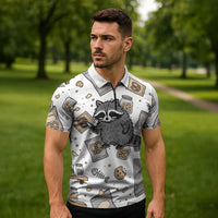 I Require Snacks Raccoon Zipper Polo Shirt Cute Bandit Raccoon Chaos with a Knife