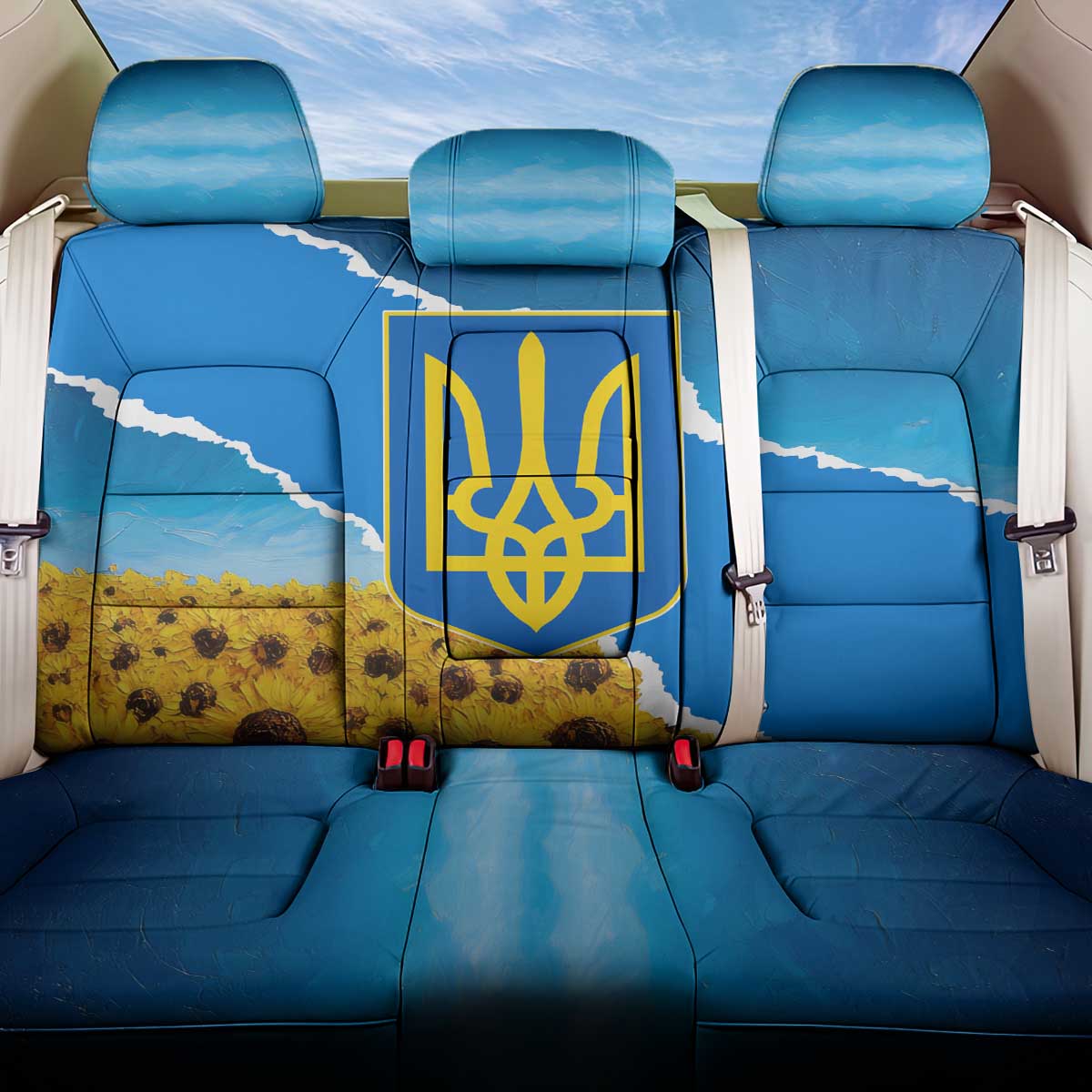 Ukraine Pride Back Car Seat Cover Map, Flag & Tryzub with Sunflower Field Patriotic