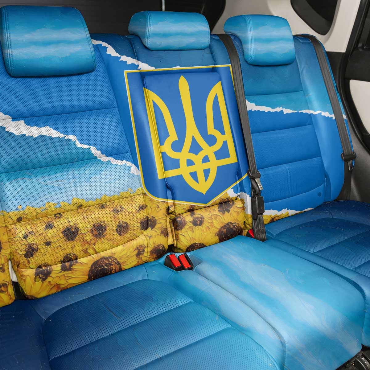 Ukraine Pride Back Car Seat Cover Map, Flag & Tryzub with Sunflower Field Patriotic