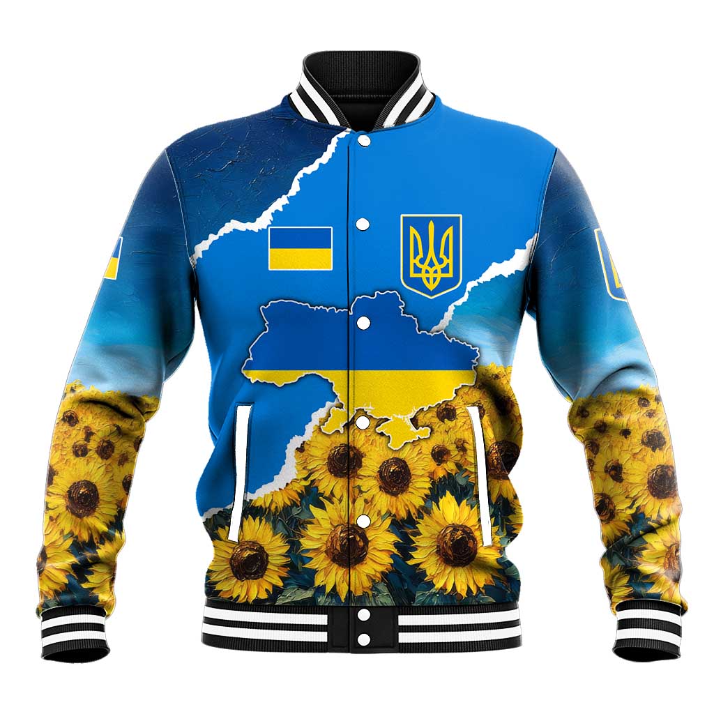 Ukraine Pride Baseball Jacket Map, Flag & Tryzub with Sunflower Field Patriotic