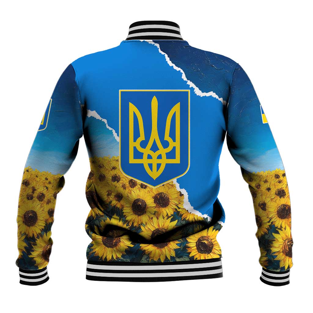 Ukraine Pride Baseball Jacket Map, Flag & Tryzub with Sunflower Field Patriotic