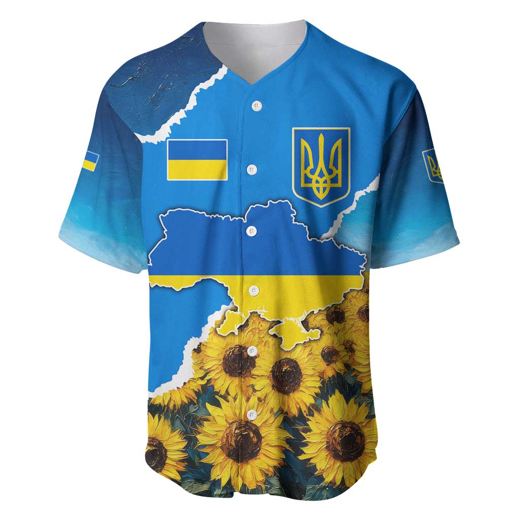 Ukraine Pride Baseball Jersey Map, Flag & Tryzub with Sunflower Field Patriotic
