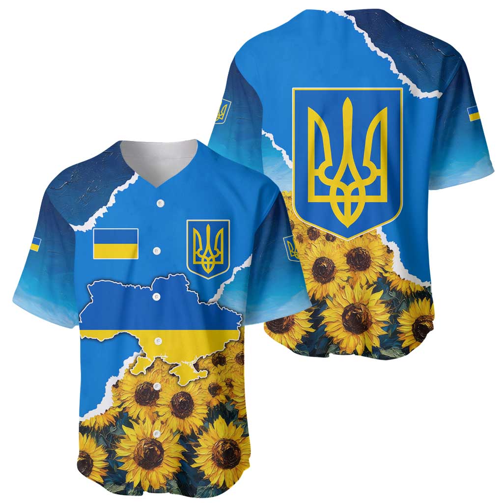 Ukraine Pride Baseball Jersey Map, Flag & Tryzub with Sunflower Field Patriotic