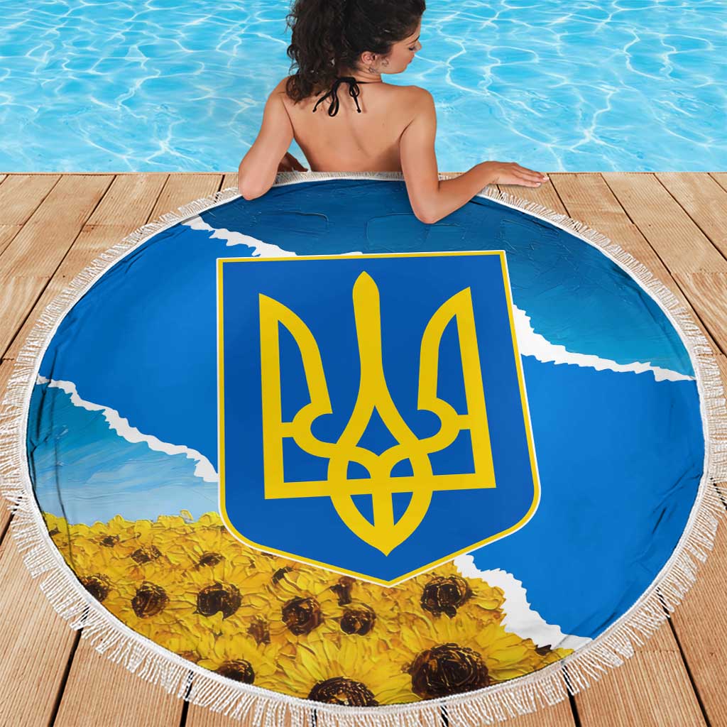 Ukraine Pride Beach Blanket Map, Flag & Tryzub with Sunflower Field Patriotic
