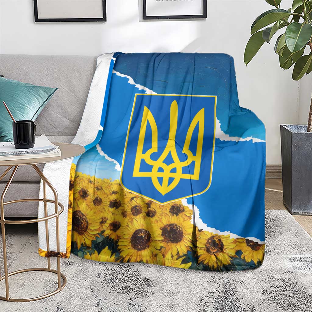 Ukraine Pride Blanket Map, Flag & Tryzub with Sunflower Field Patriotic