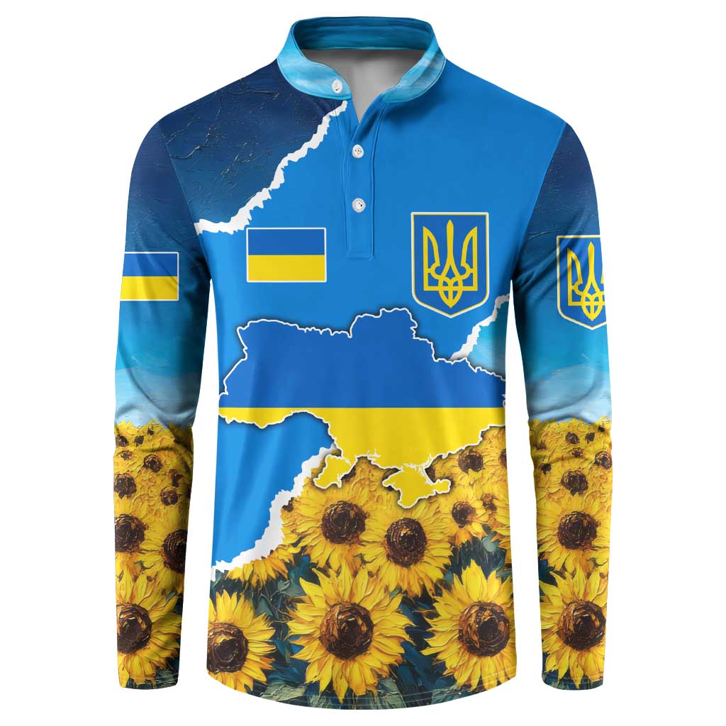 Ukraine Pride Button Sweatshirt Map, Flag & Tryzub with Sunflower Field Patriotic