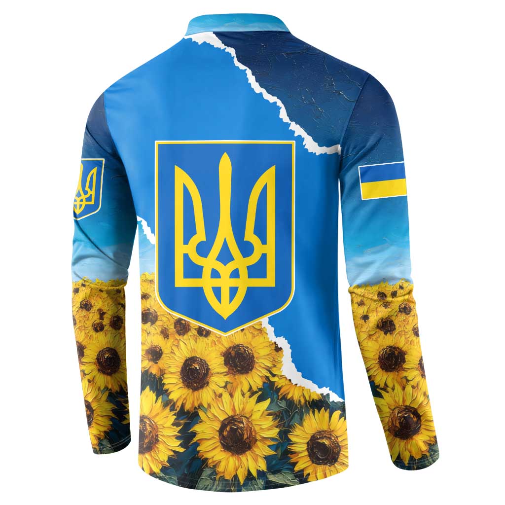 Ukraine Pride Button Sweatshirt Map, Flag & Tryzub with Sunflower Field Patriotic