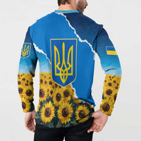 Ukraine Pride Button Sweatshirt Map, Flag & Tryzub with Sunflower Field Patriotic