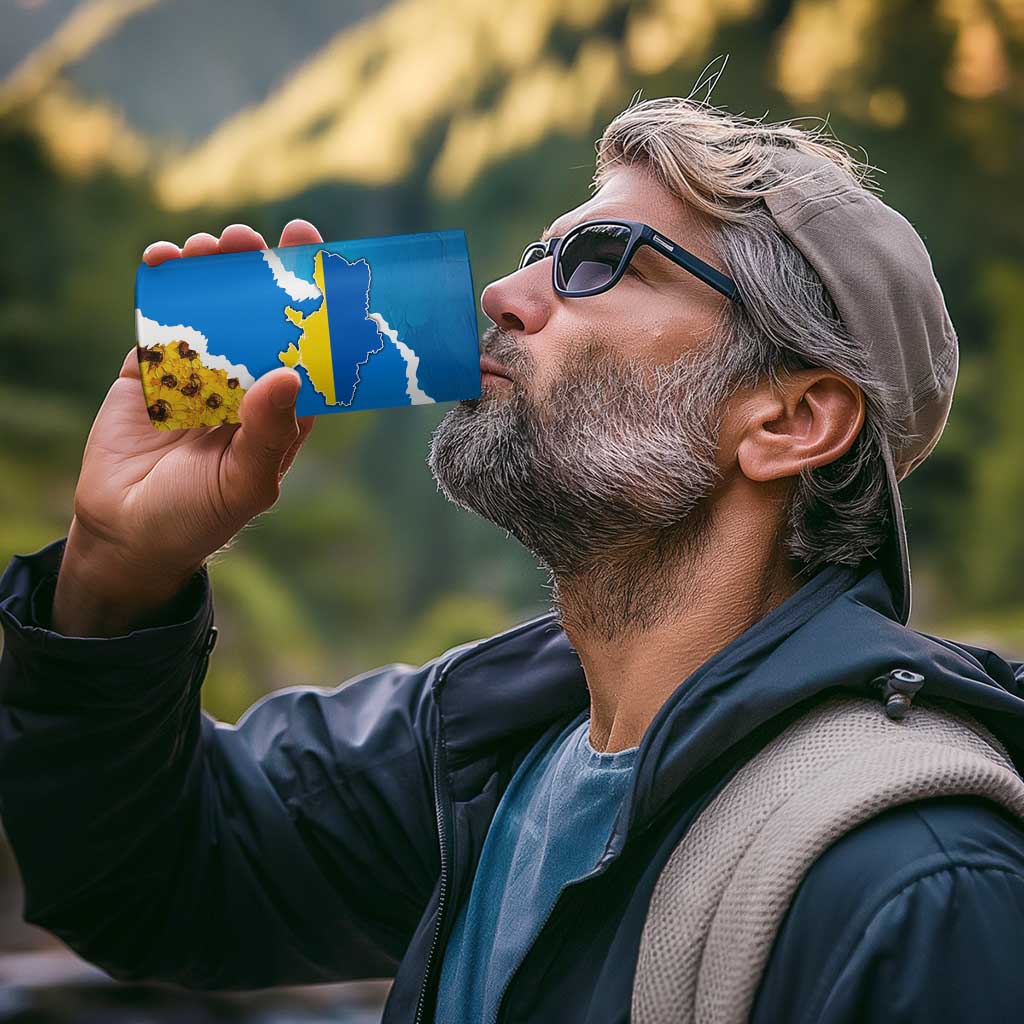 Ukraine Pride 4 in 1 Can Cooler Tumbler Map, Flag & Tryzub with Sunflower Field Patriotic
