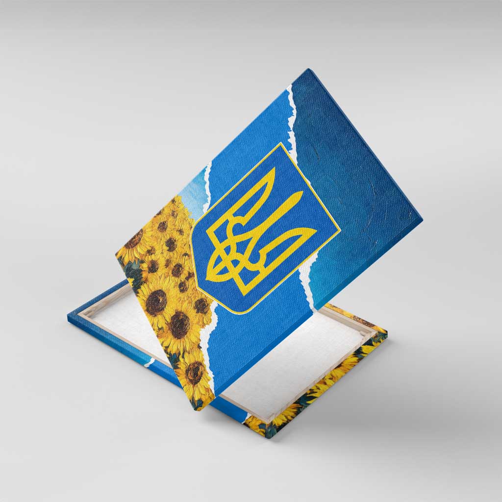 Ukraine Pride Canvas Wall Art Map, Flag & Tryzub with Sunflower Field Patriotic