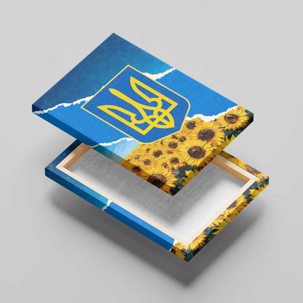 Ukraine Pride Canvas Wall Art Map, Flag & Tryzub with Sunflower Field Patriotic