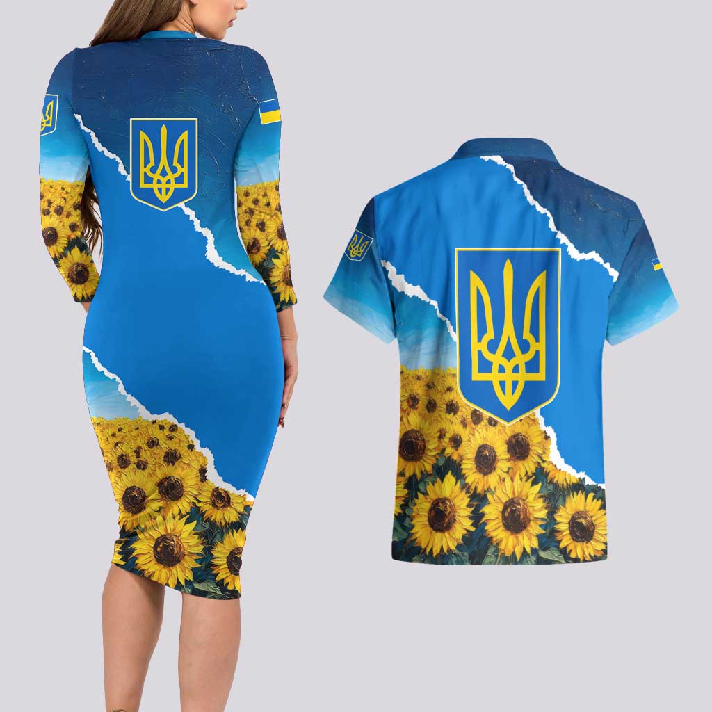 Ukraine Pride Couples Matching Long Sleeve Bodycon Dress and Hawaiian Shirt Map, Flag & Tryzub with Sunflower Field Patriotic