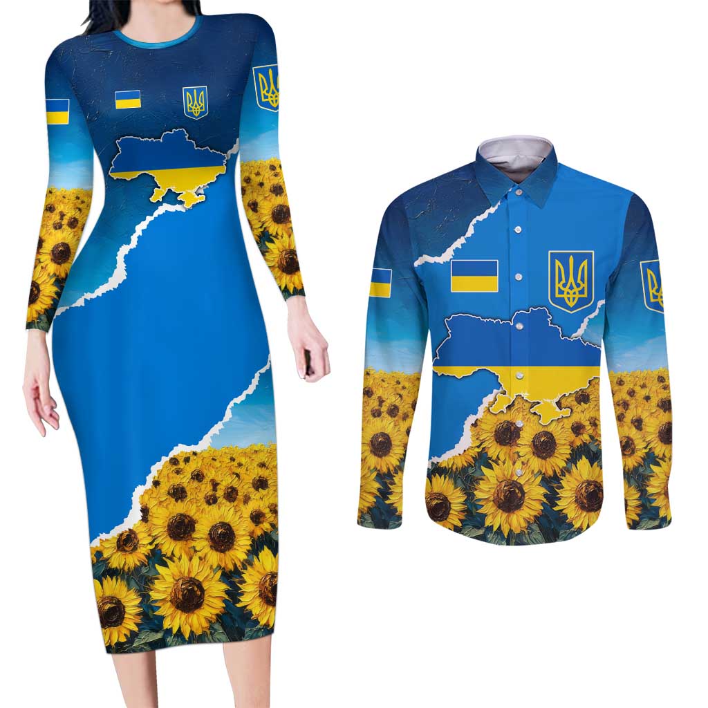 Ukraine Pride Couples Matching Long Sleeve Bodycon Dress and Long Sleeve Button Shirt Map, Flag & Tryzub with Sunflower Field Patriotic