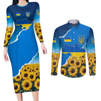 Ukraine Pride Couples Matching Long Sleeve Bodycon Dress and Long Sleeve Button Shirt Map, Flag & Tryzub with Sunflower Field Patriotic