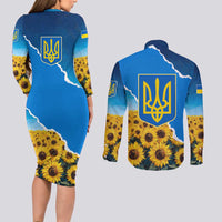 Ukraine Pride Couples Matching Long Sleeve Bodycon Dress and Long Sleeve Button Shirt Map, Flag & Tryzub with Sunflower Field Patriotic