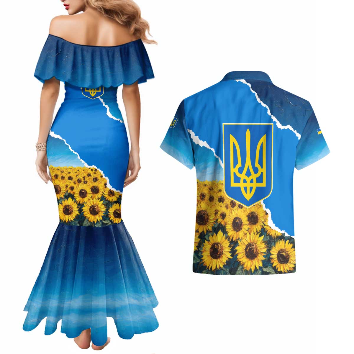Ukraine Pride Couples Matching Mermaid Dress and Hawaiian Shirt Map, Flag & Tryzub with Sunflower Field Patriotic