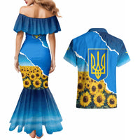 Ukraine Pride Couples Matching Mermaid Dress and Hawaiian Shirt Map, Flag & Tryzub with Sunflower Field Patriotic