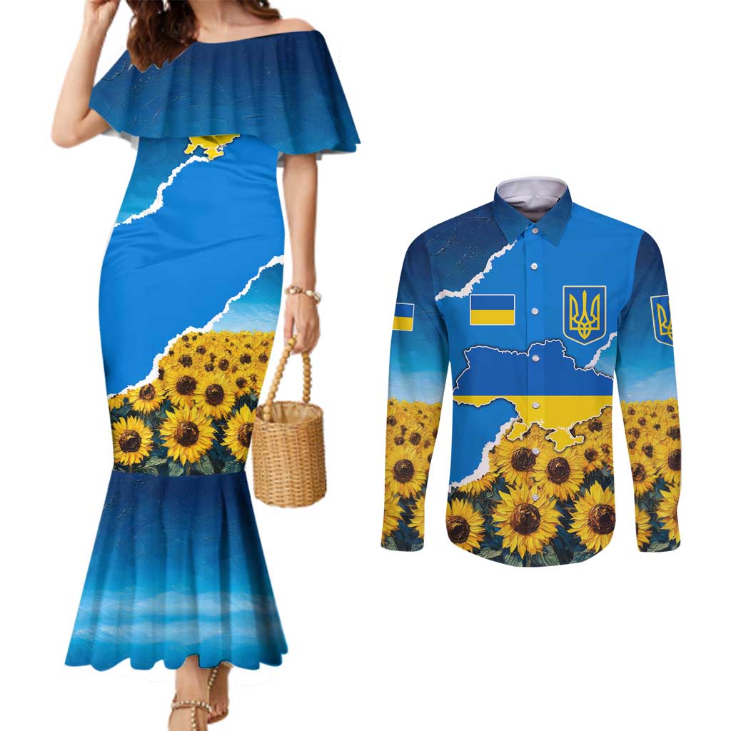 Ukraine Pride Couples Matching Mermaid Dress and Long Sleeve Button Shirt Map, Flag & Tryzub with Sunflower Field Patriotic