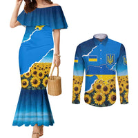 Ukraine Pride Couples Matching Mermaid Dress and Long Sleeve Button Shirt Map, Flag & Tryzub with Sunflower Field Patriotic