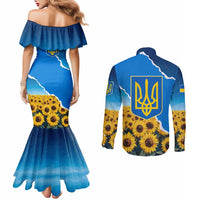 Ukraine Pride Couples Matching Mermaid Dress and Long Sleeve Button Shirt Map, Flag & Tryzub with Sunflower Field Patriotic
