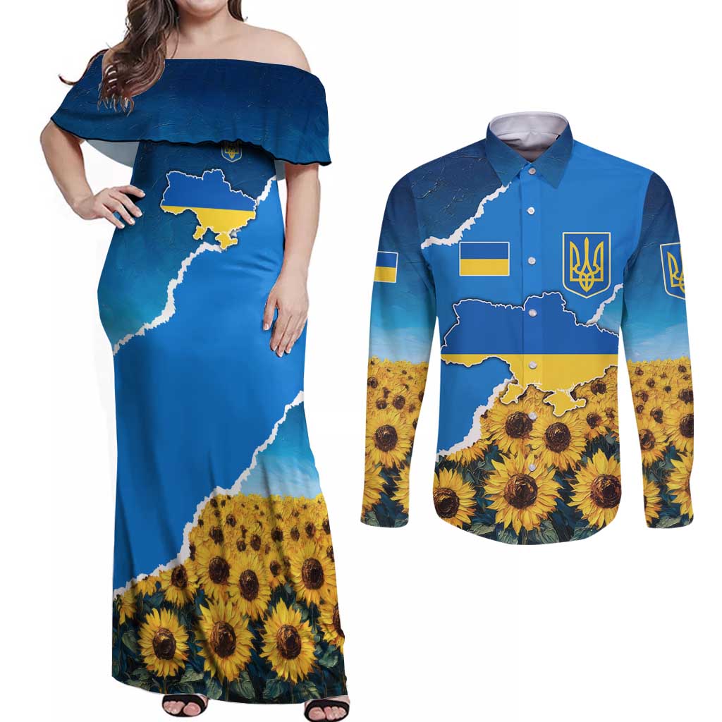 Ukraine Pride Couples Matching Off Shoulder Maxi Dress and Long Sleeve Button Shirt Map, Flag & Tryzub with Sunflower Field Patriotic