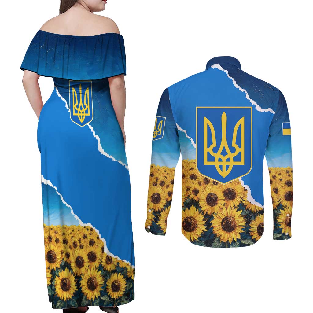 Ukraine Pride Couples Matching Off Shoulder Maxi Dress and Long Sleeve Button Shirt Map, Flag & Tryzub with Sunflower Field Patriotic