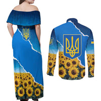 Ukraine Pride Couples Matching Off Shoulder Maxi Dress and Long Sleeve Button Shirt Map, Flag & Tryzub with Sunflower Field Patriotic