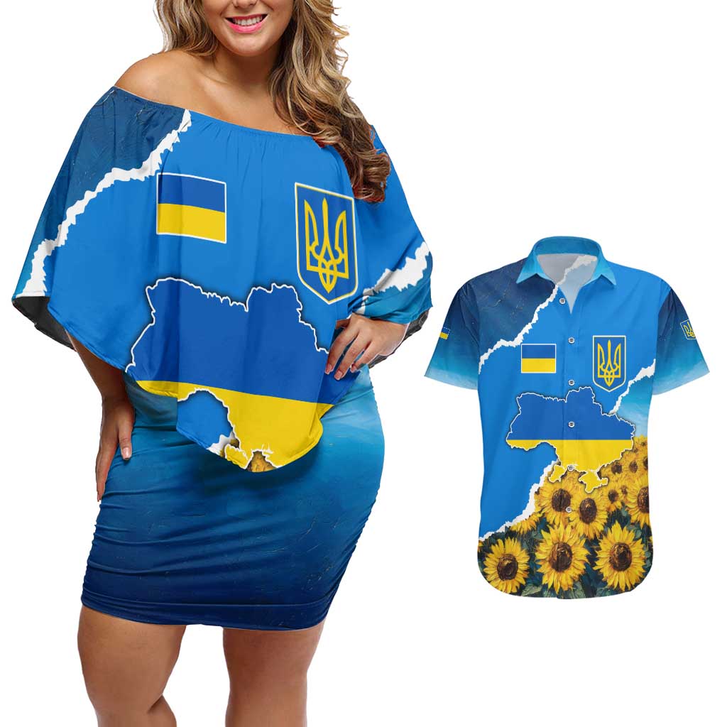 Ukraine Pride Couples Matching Off Shoulder Short Dress and Hawaiian Shirt Map, Flag & Tryzub with Sunflower Field Patriotic