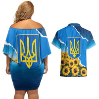 Ukraine Pride Couples Matching Off Shoulder Short Dress and Hawaiian Shirt Map, Flag & Tryzub with Sunflower Field Patriotic