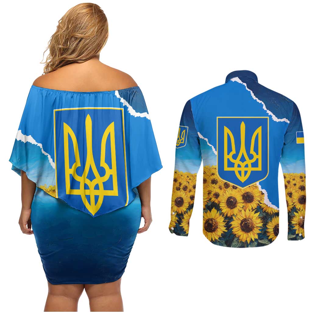 Ukraine Pride Couples Matching Off Shoulder Short Dress and Long Sleeve Button Shirt Map, Flag & Tryzub with Sunflower Field Patriotic