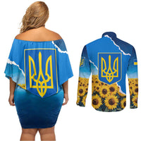 Ukraine Pride Couples Matching Off Shoulder Short Dress and Long Sleeve Button Shirt Map, Flag & Tryzub with Sunflower Field Patriotic