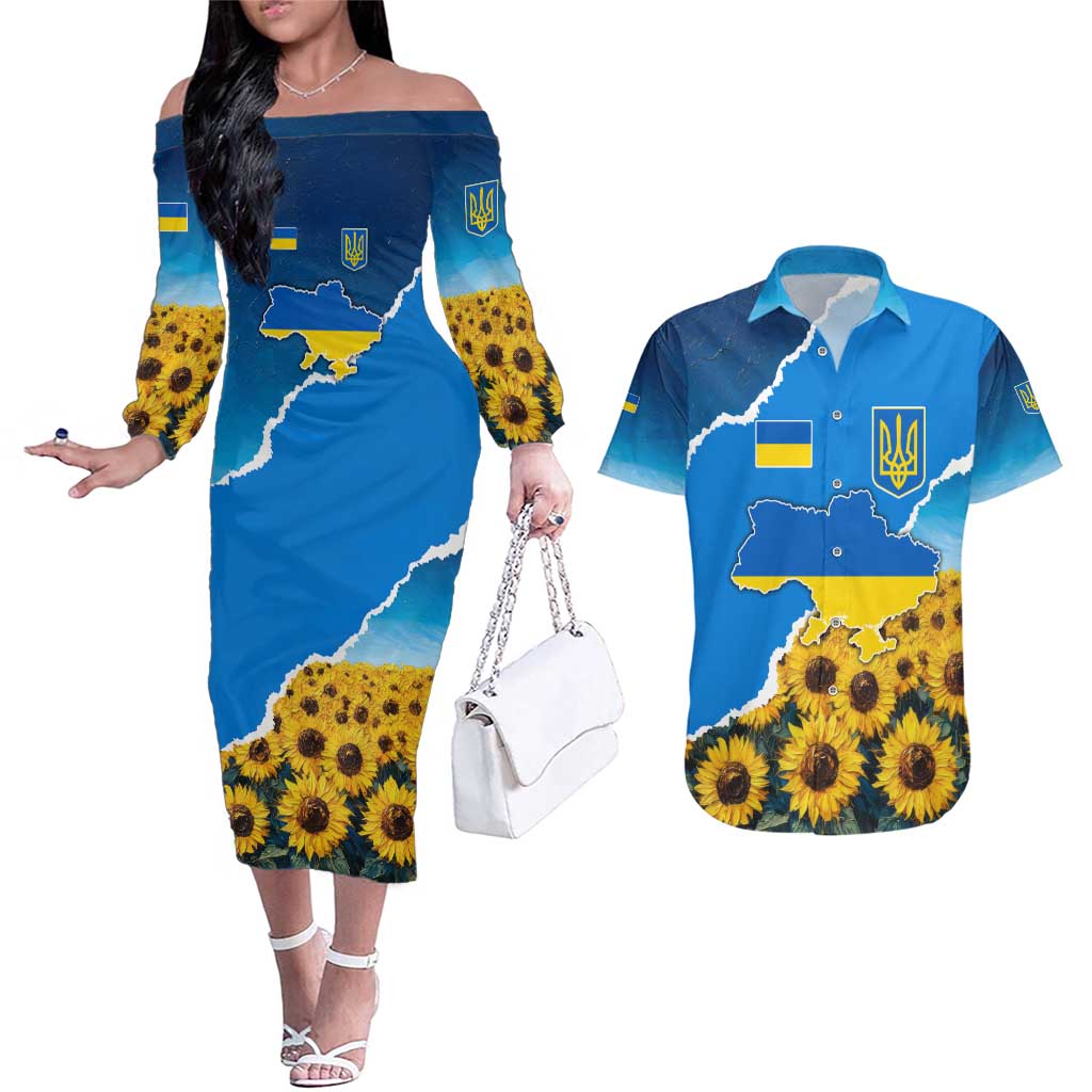 Ukraine Pride Couples Matching Off The Shoulder Long Sleeve Dress and Hawaiian Shirt Map, Flag & Tryzub with Sunflower Field Patriotic