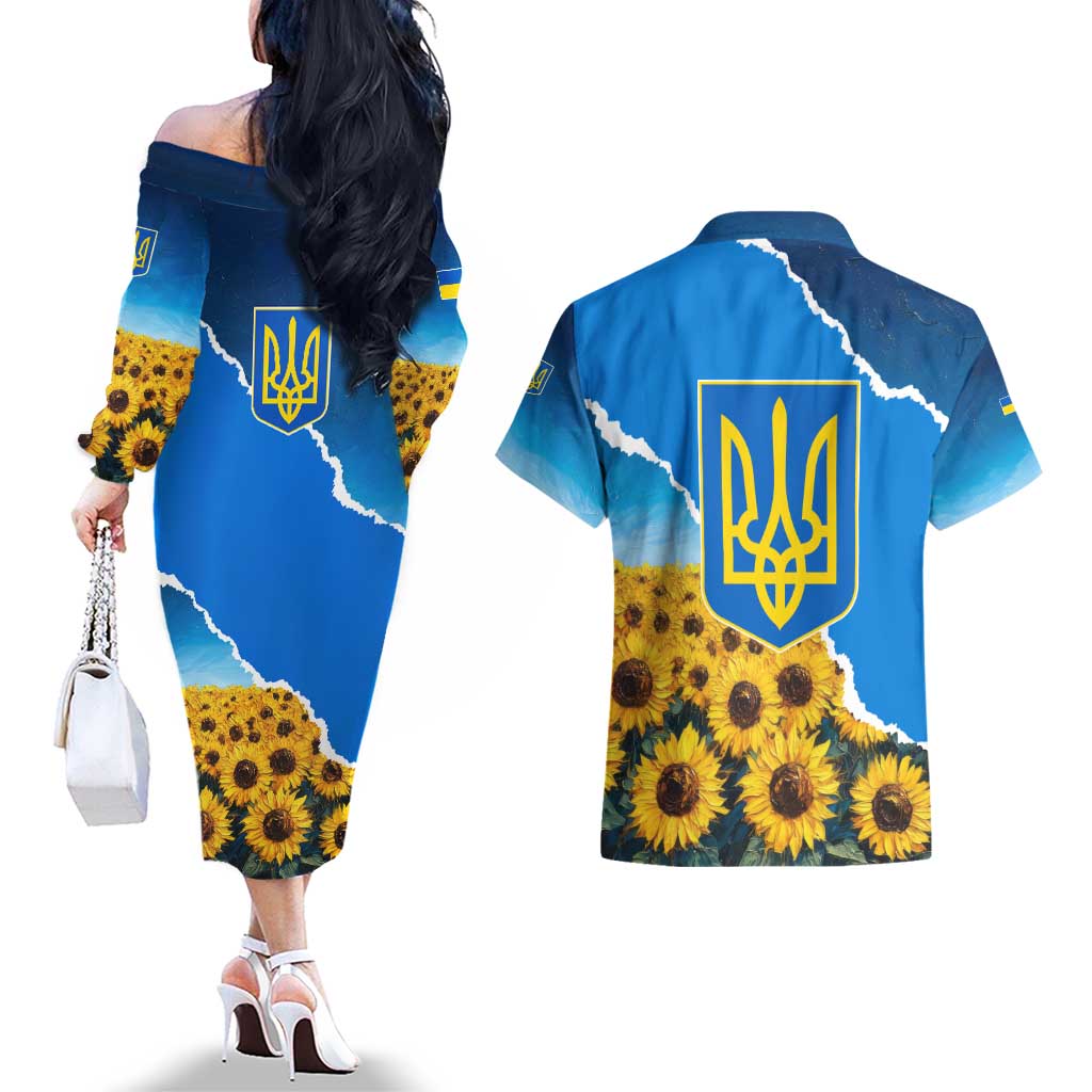 Ukraine Pride Couples Matching Off The Shoulder Long Sleeve Dress and Hawaiian Shirt Map, Flag & Tryzub with Sunflower Field Patriotic