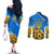 Ukraine Pride Couples Matching Off The Shoulder Long Sleeve Dress and Long Sleeve Button Shirt Map, Flag & Tryzub with Sunflower Field Patriotic