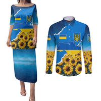 Ukraine Pride Couples Matching Puletasi and Long Sleeve Button Shirt Map, Flag & Tryzub with Sunflower Field Patriotic