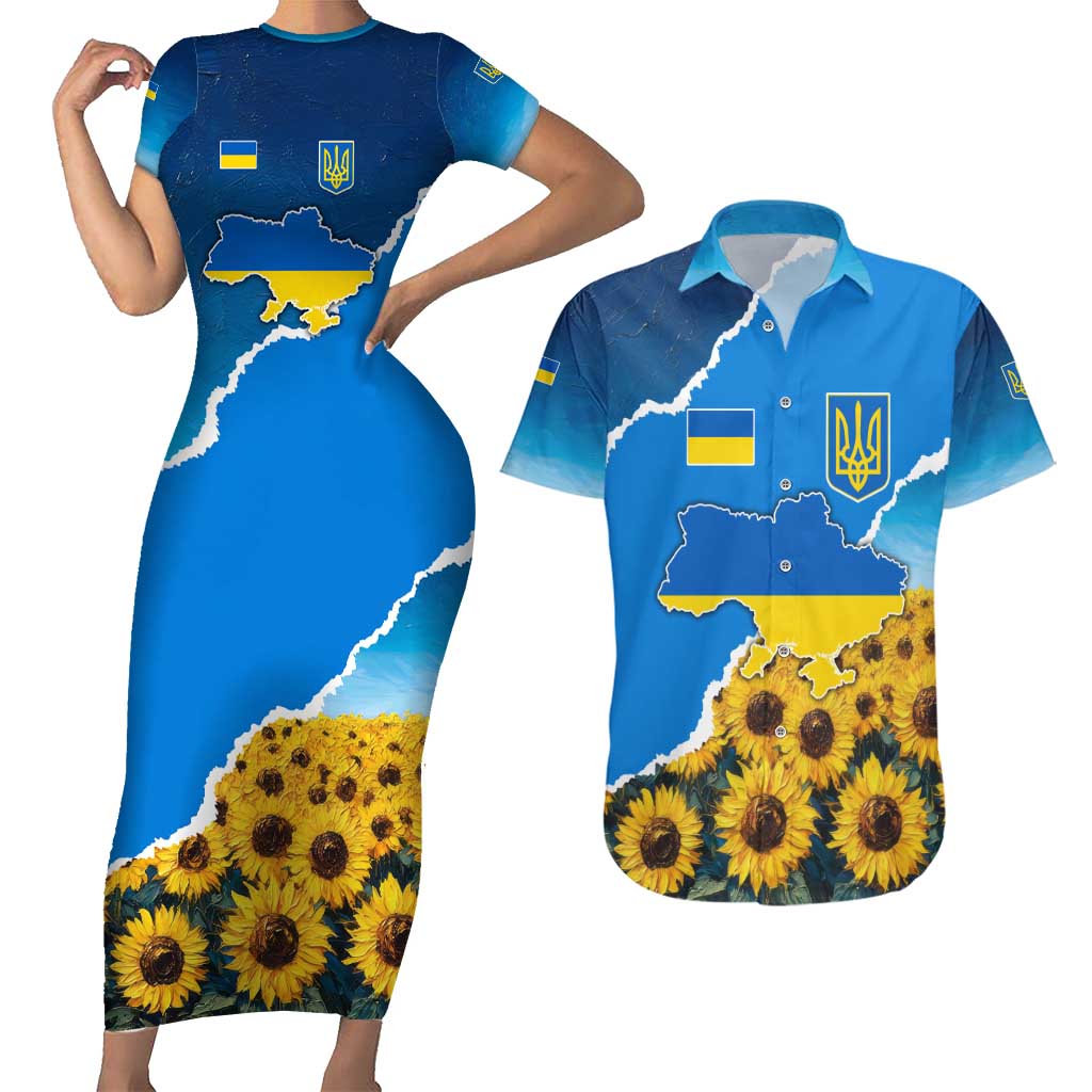 Ukraine Pride Couples Matching Short Sleeve Bodycon Dress and Hawaiian Shirt Map, Flag & Tryzub with Sunflower Field Patriotic