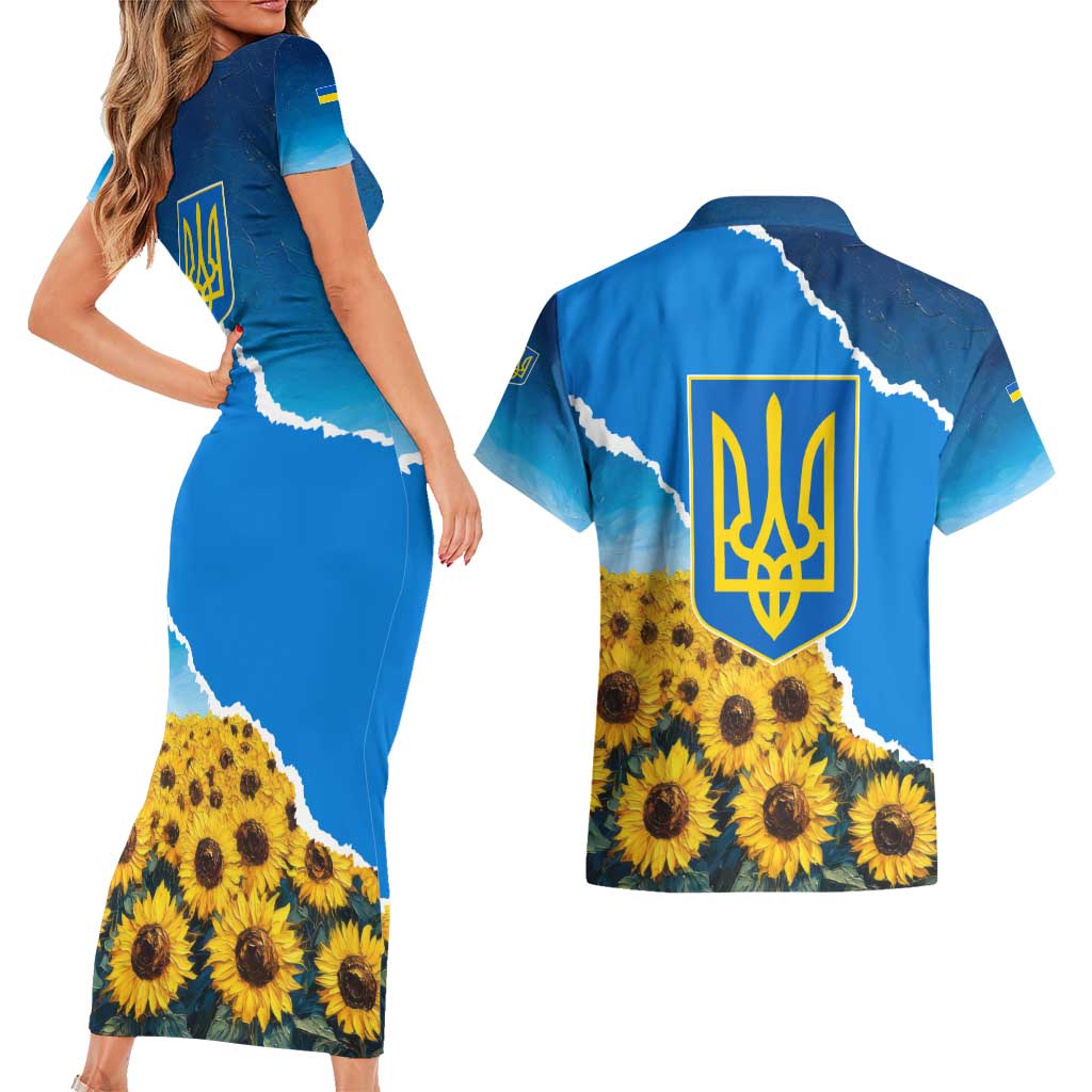 Ukraine Pride Couples Matching Short Sleeve Bodycon Dress and Hawaiian Shirt Map, Flag & Tryzub with Sunflower Field Patriotic