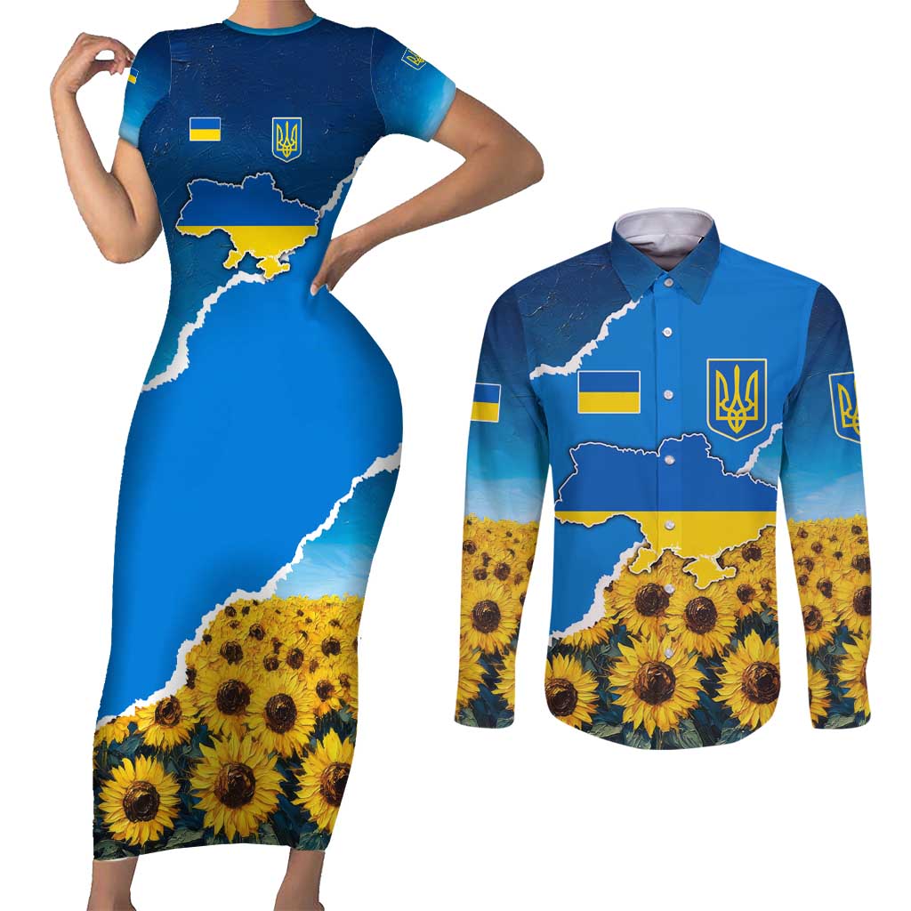 Ukraine Pride Couples Matching Short Sleeve Bodycon Dress and Long Sleeve Button Shirt Map, Flag & Tryzub with Sunflower Field Patriotic