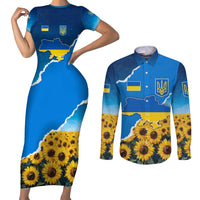 Ukraine Pride Couples Matching Short Sleeve Bodycon Dress and Long Sleeve Button Shirt Map, Flag & Tryzub with Sunflower Field Patriotic