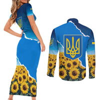 Ukraine Pride Couples Matching Short Sleeve Bodycon Dress and Long Sleeve Button Shirt Map, Flag & Tryzub with Sunflower Field Patriotic