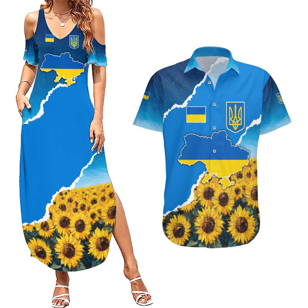 Ukraine Pride Couples Matching Summer Maxi Dress and Hawaiian Shirt Map, Flag & Tryzub with Sunflower Field Patriotic