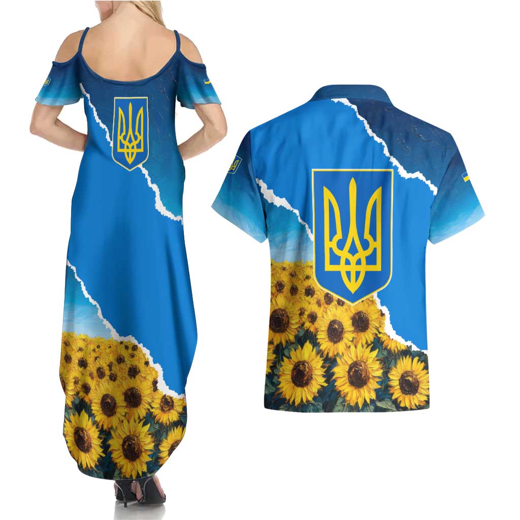 Ukraine Pride Couples Matching Summer Maxi Dress and Hawaiian Shirt Map, Flag & Tryzub with Sunflower Field Patriotic
