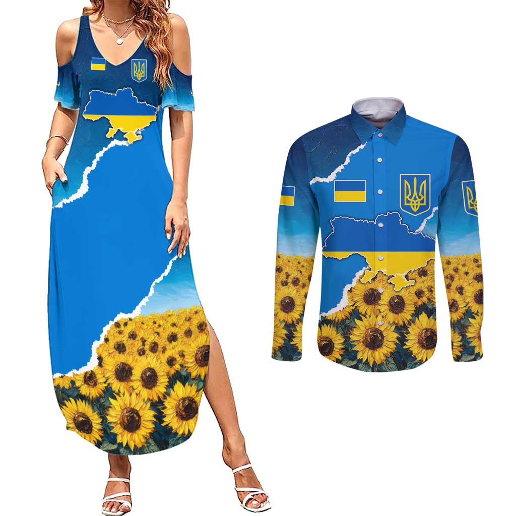 Ukraine Pride Couples Matching Summer Maxi Dress and Long Sleeve Button Shirt Map, Flag & Tryzub with Sunflower Field Patriotic
