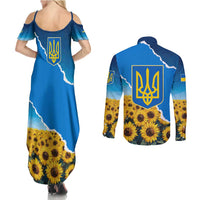 Ukraine Pride Couples Matching Summer Maxi Dress and Long Sleeve Button Shirt Map, Flag & Tryzub with Sunflower Field Patriotic
