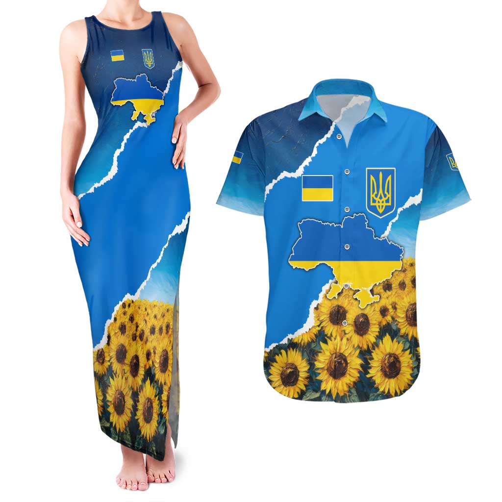 Ukraine Pride Couples Matching Tank Maxi Dress and Hawaiian Shirt Map, Flag & Tryzub with Sunflower Field Patriotic