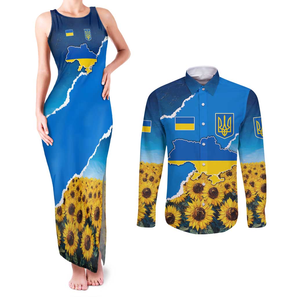 Ukraine Pride Couples Matching Tank Maxi Dress and Long Sleeve Button Shirt Map, Flag & Tryzub with Sunflower Field Patriotic