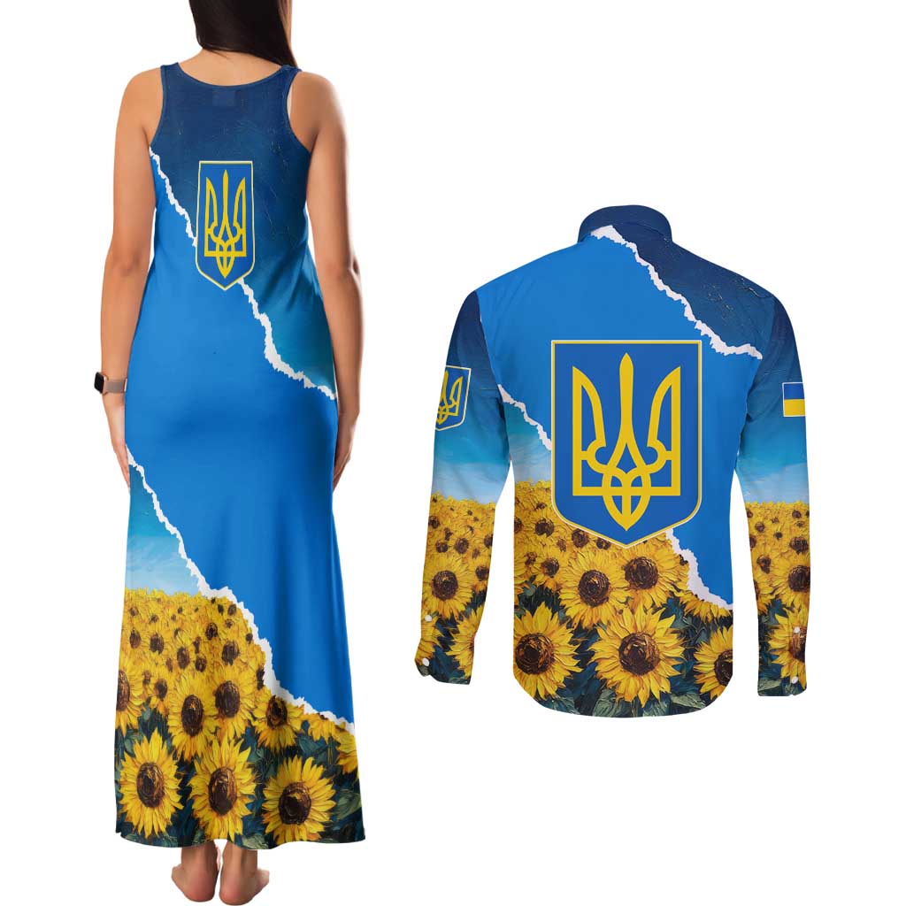 Ukraine Pride Couples Matching Tank Maxi Dress and Long Sleeve Button Shirt Map, Flag & Tryzub with Sunflower Field Patriotic