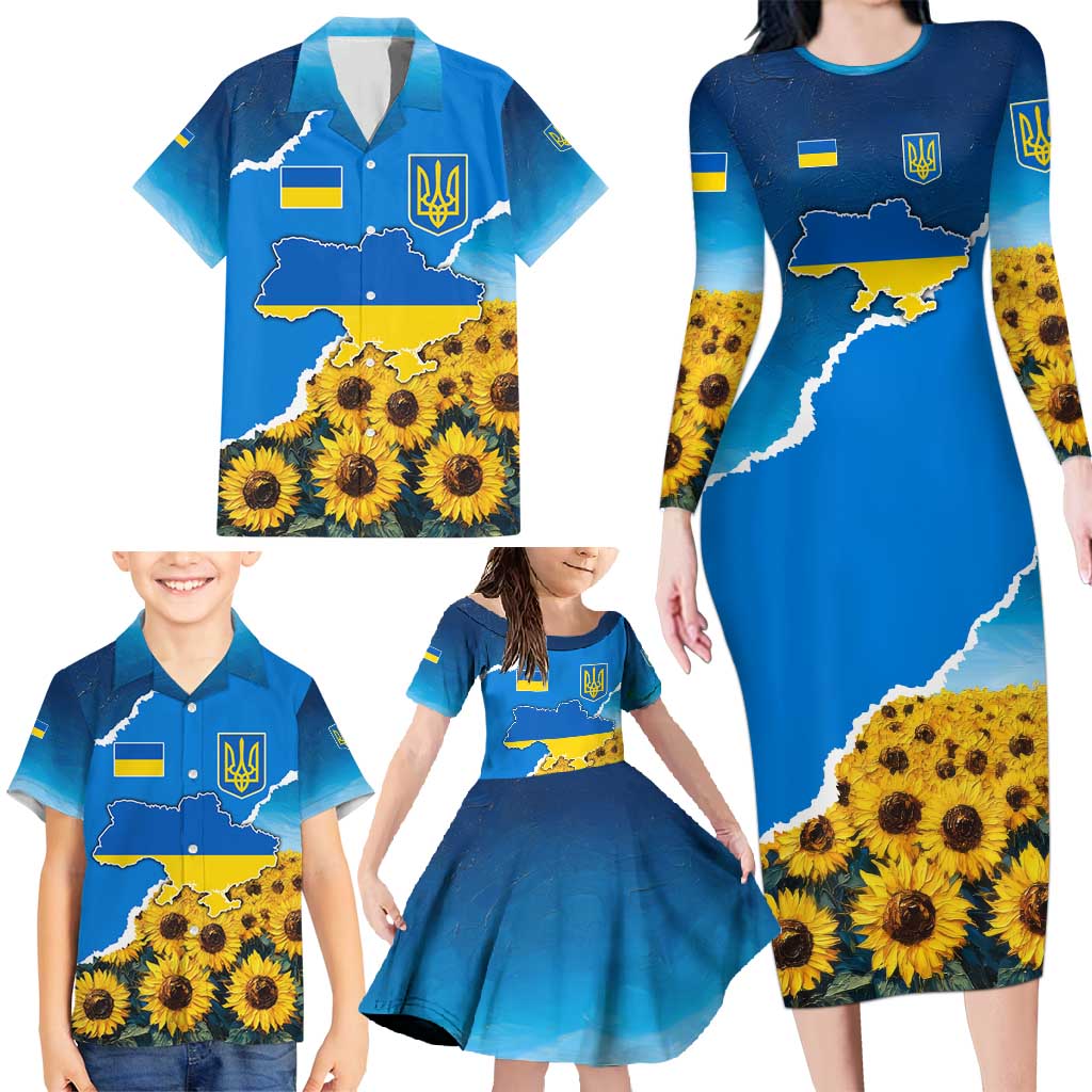 Ukraine Pride Family Matching Long Sleeve Bodycon Dress and Hawaiian Shirt Map, Flag & Tryzub with Sunflower Field Patriotic